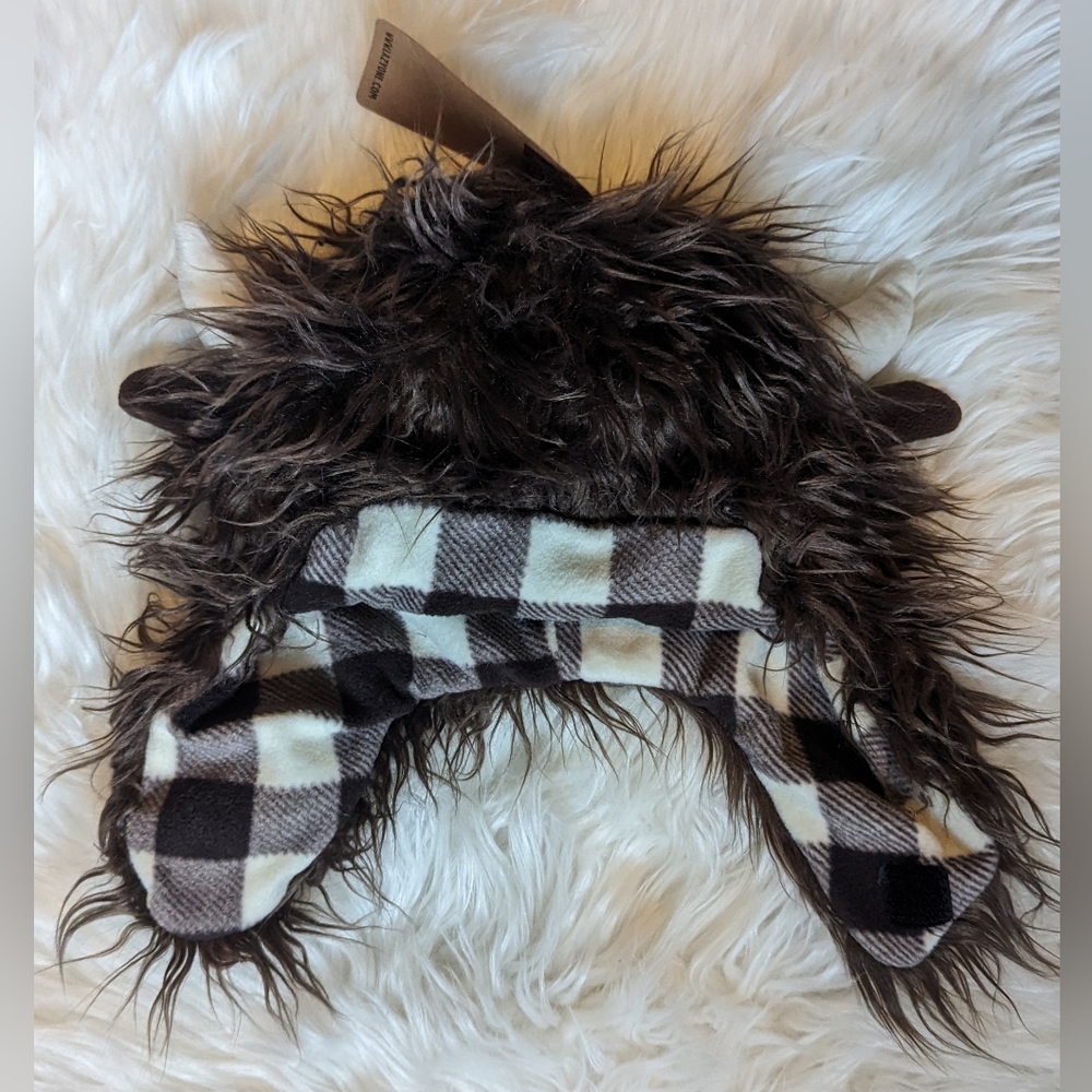NWT Lazy One Buffalo Critter Hat fuzzy brown faux buffalo hair outer & plaid